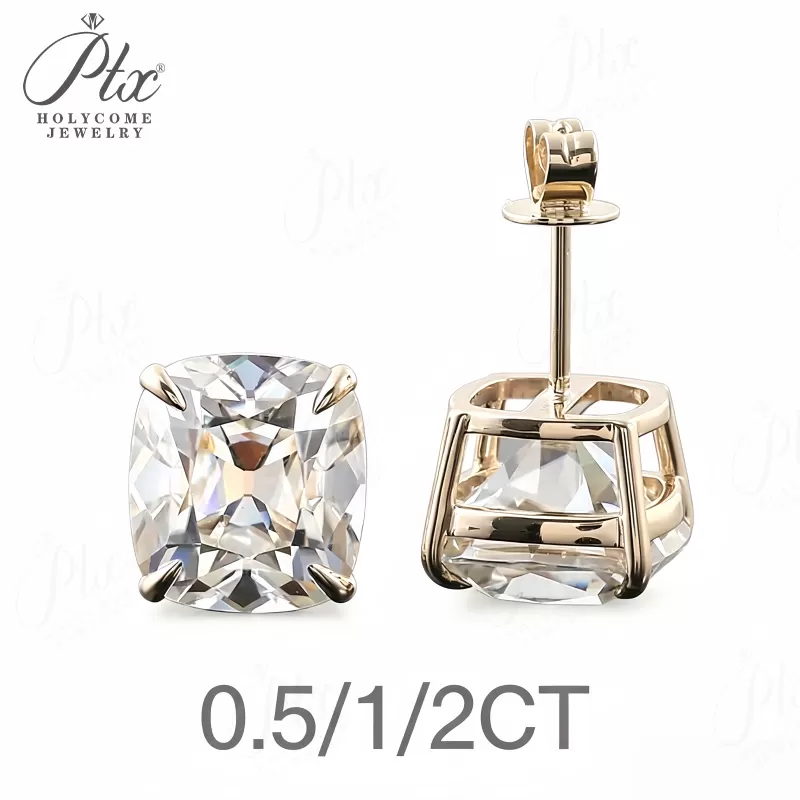 1ct Cushion Lab Grown Diamond Stud Earrings D Color VVS1 14K Gold Plated GRA