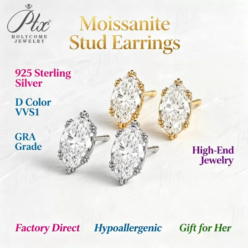 1-2ct Marquise Moissanite Stud Earrings D Color VVS1 925 Sterling Silver GRA