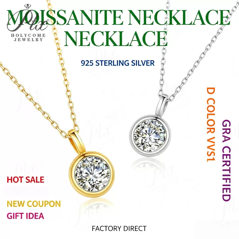 1ct Round Moissanite Pendant Necklace D Color VVS1 925 Sterling Silver GRA