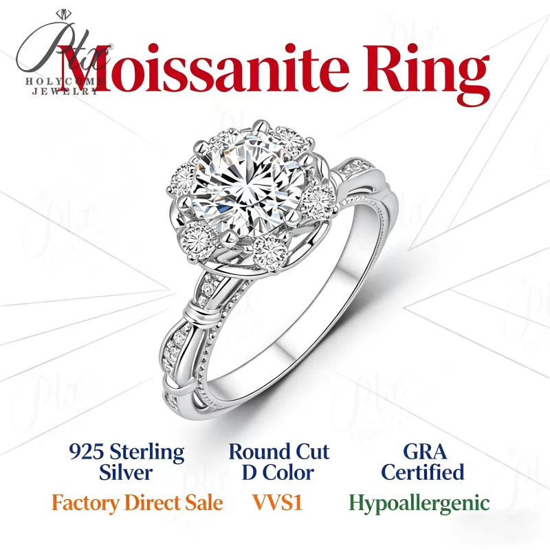 1ct Round Moissanite Ring D Color VVS1 925 Sterling Silver GRA